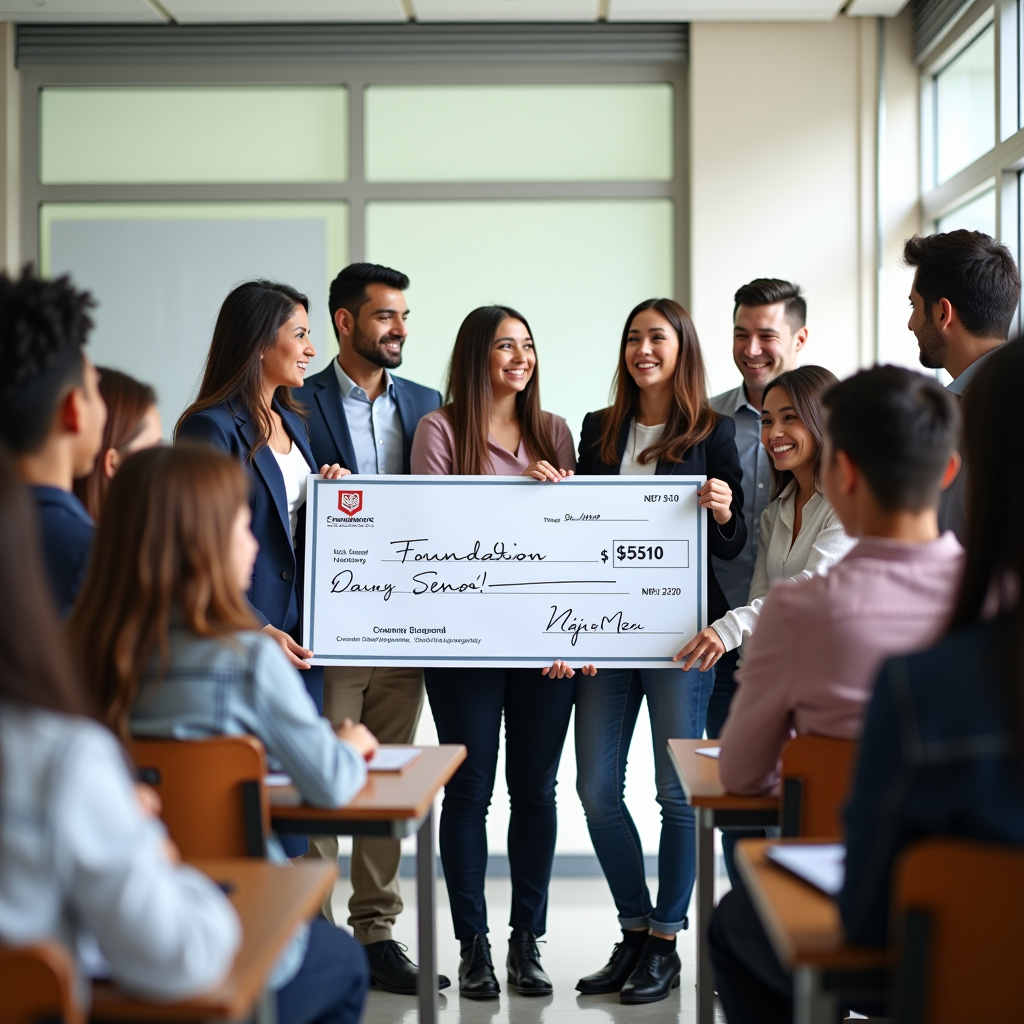 Diverse group of students in a modern classroom receiving educational support, with teachers and foundation representatives presenting oversized ceremonial check, bright and hopeful atmosphere