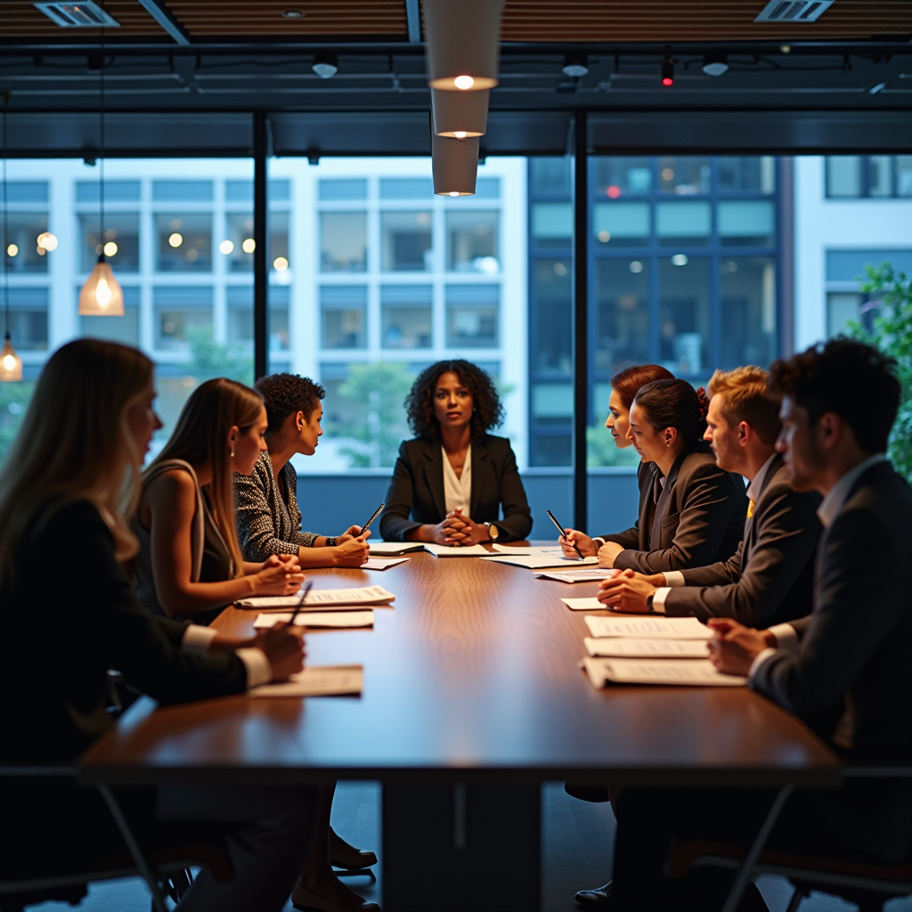 Professional meeting room with diverse group of philanthropists and foundation advisors collaborating around a modern conference table, reviewing grant strategy documents and impact assessment reports, with digital displays showing nonprofit vetting data and charitable giving frameworks in the background