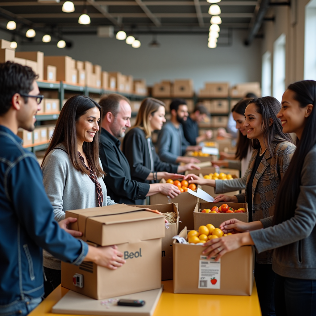 Diverse group of volunteers from various faith-based organizations working together at a community food pantry, organizing donations and serving community members, representing interfaith cooperation in charitable services