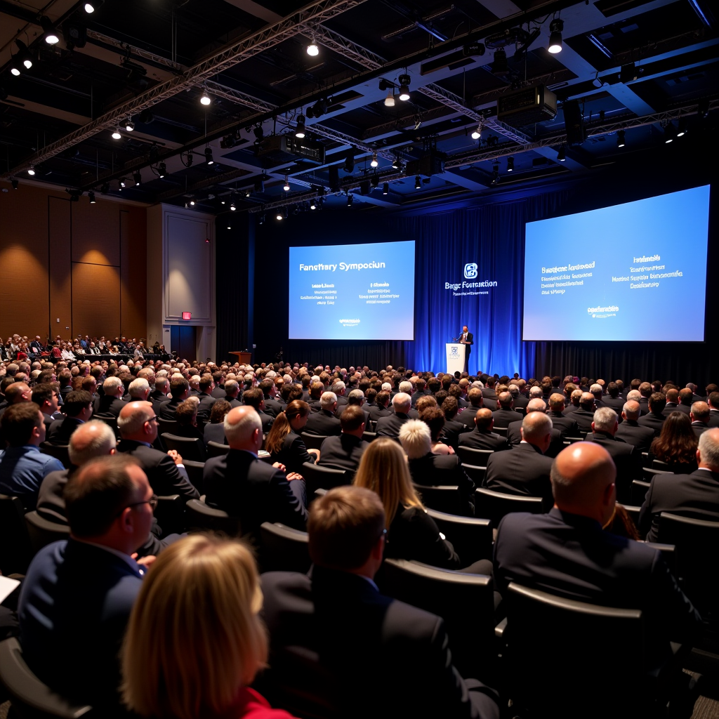 Wide conference hall filled with 150 foundation leaders, nonprofit executives, and philanthropy experts seated in rows, engaged in a professional symposium setting with a large stage displaying the Barge Foundation logo and symposium branding, modern lighting and professional event setup in Chicago venue