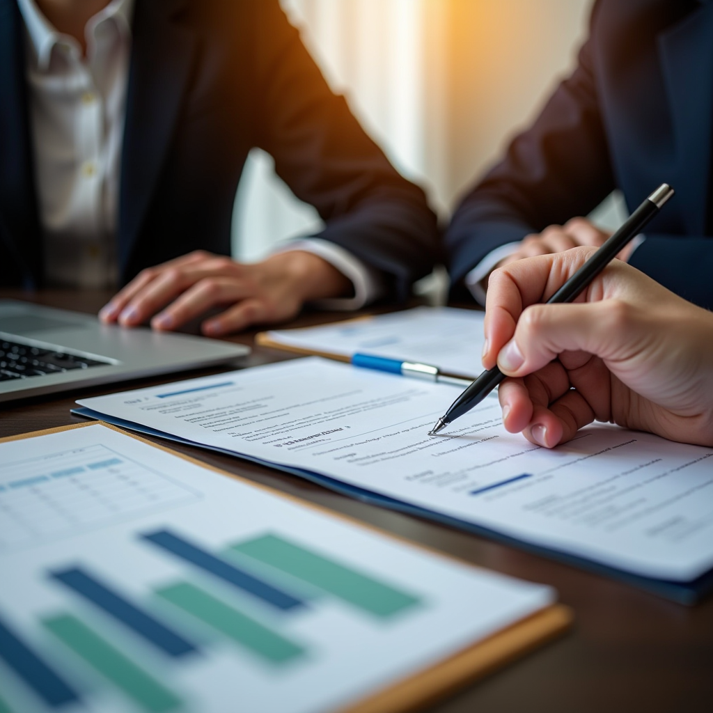 Professional office setting showing grant application documents being reviewed on a desk with a laptop, organized folders, and a checklist. Warm lighting emphasizes the transparent and accessible nature of the grantmaking process. Educational and charitable organization representatives collaborating on proposal submission.