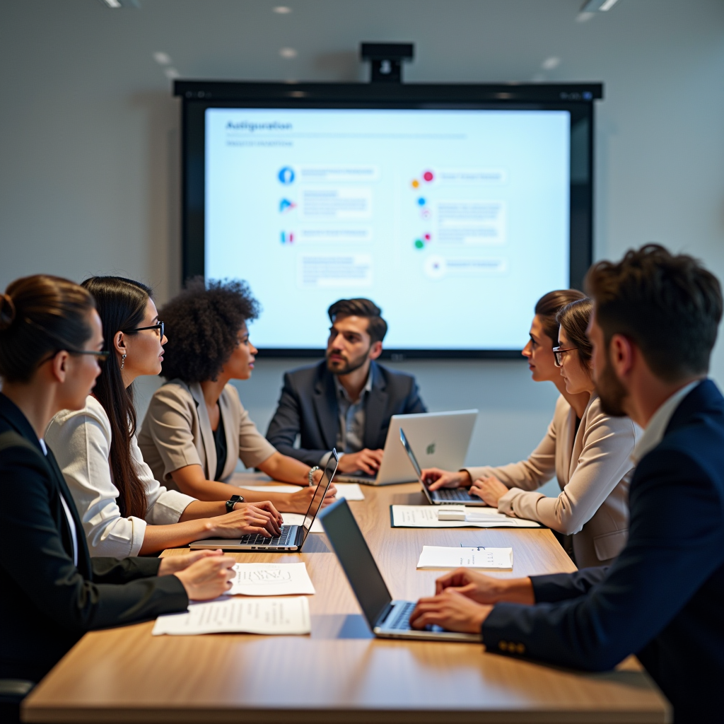 Professional office setting showing diverse team of foundation staff reviewing grant applications at a modern conference table with documents and laptops