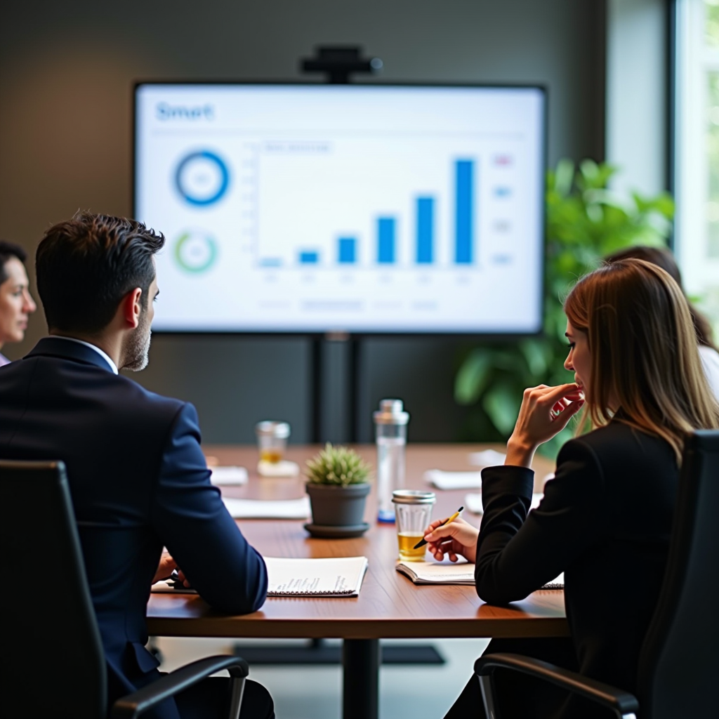 Professional advisors working with donors at a conference table, reviewing charitable giving strategies and foundation documents, with charts and graphs showing philanthropic impact metrics displayed on a screen in a modern office setting