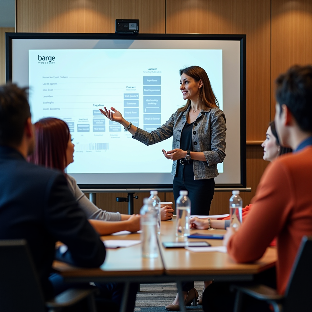 Nonprofit leaders participating in an interactive capacity building workshop at Barge Foundation, with facilitator presenting at whiteboard and participants engaged in group discussions and collaborative exercises
