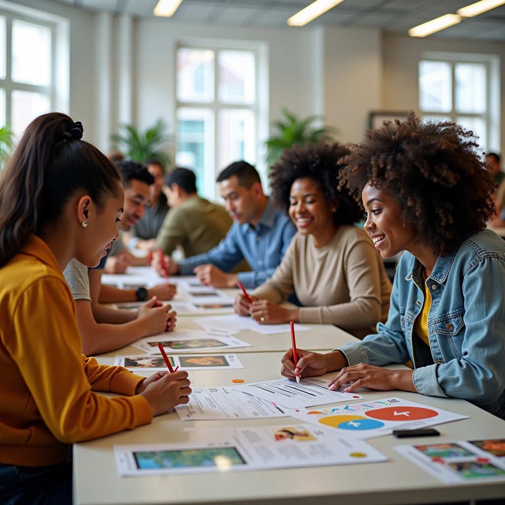 Diverse group of volunteers collaborating on a community project, working together at tables with educational materials and charitable program resources, showing teamwork and community engagement in a bright, welcoming space