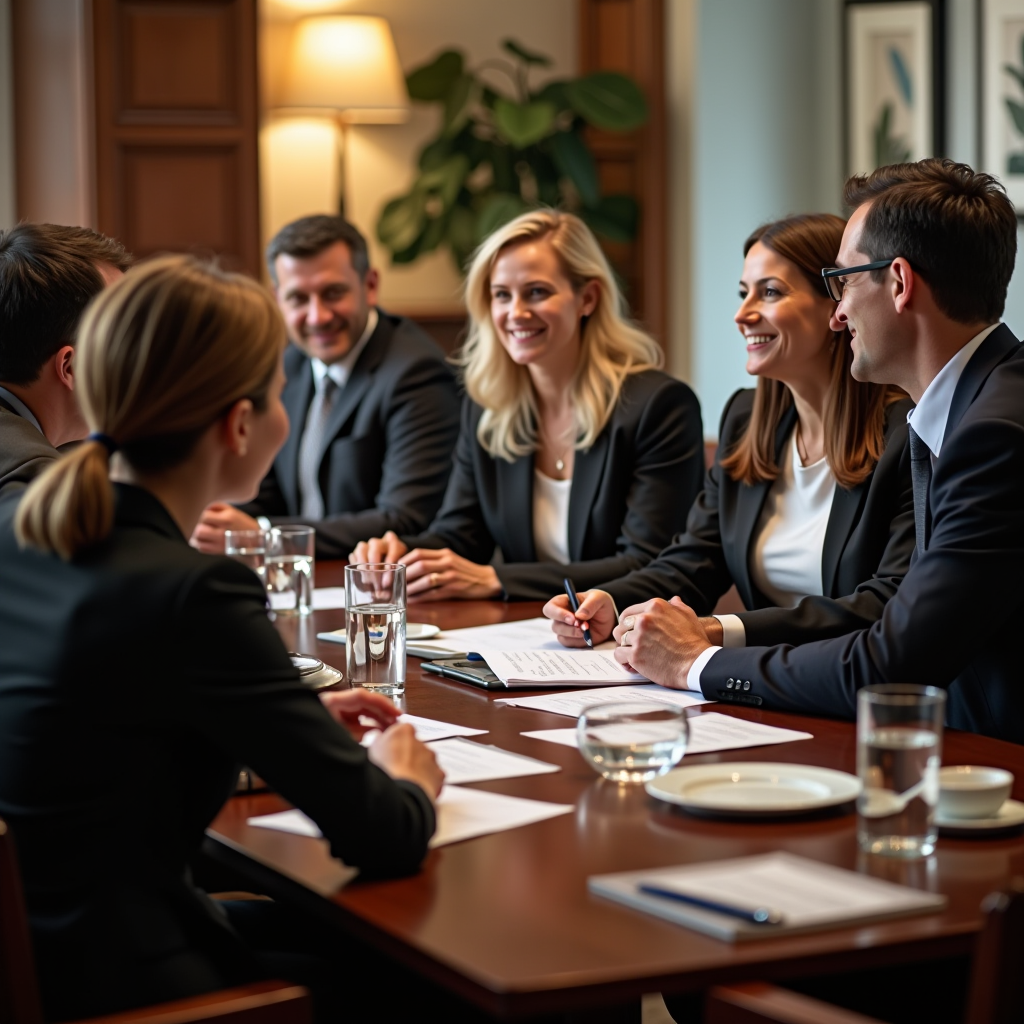 Professional consultation meeting with foundation advisors and donor families around elegant conference table, reviewing charitable giving strategies and nonprofit portfolios, warm and collaborative setting