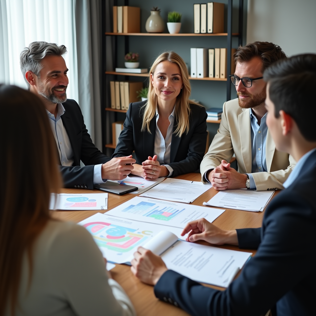 Professional consultation meeting with philanthropic advisors and donors discussing charitable giving strategies. Modern conference room with documents about donor-advised funds, planned giving, and foundation management spread on table. Warm, trustworthy atmosphere emphasizing expert guidance.