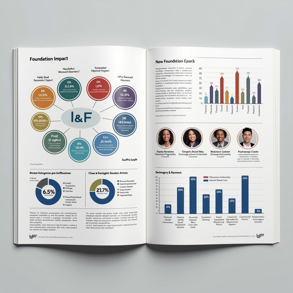 Professional annual report cover with infographics showing foundation impact metrics, charts displaying grant distribution across educational and charitable programs, community success stories with photos of beneficiaries