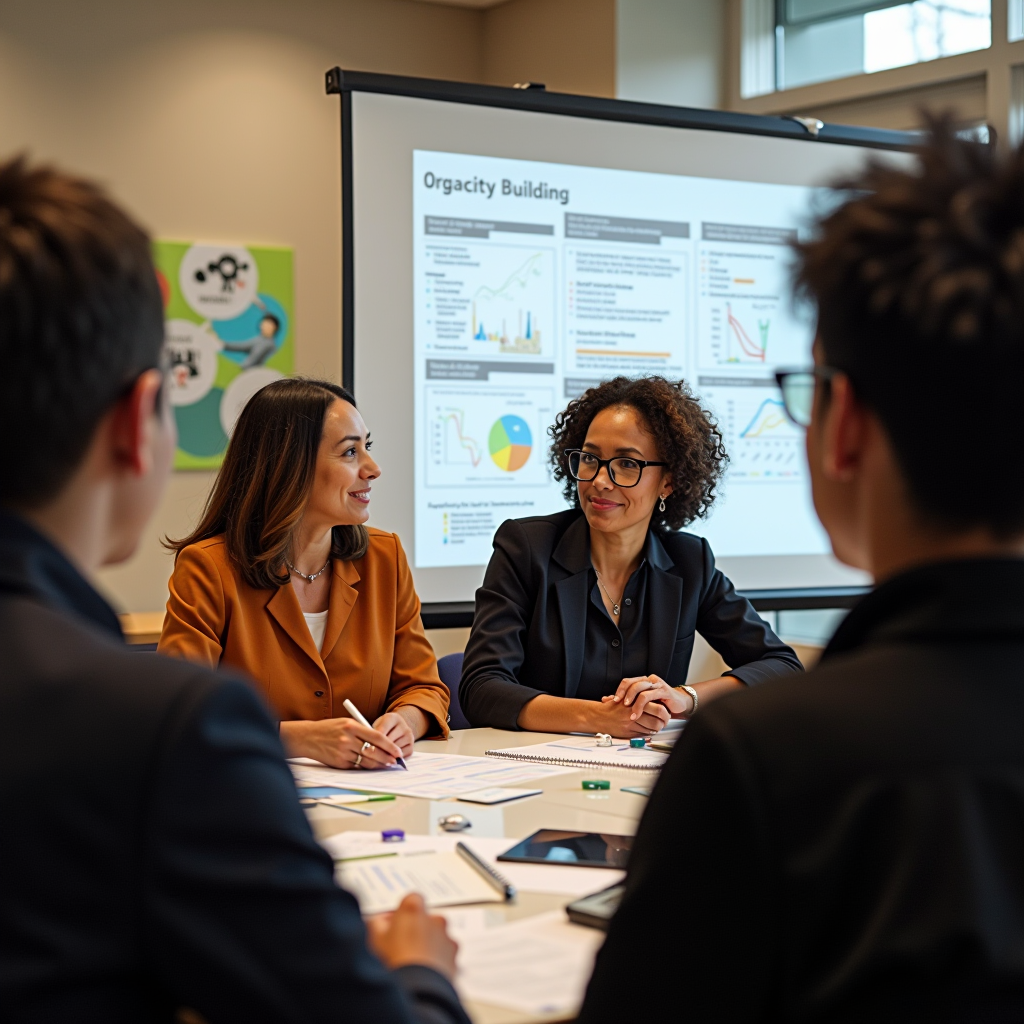 Workshop or training session showing nonprofit leaders engaged in capacity building activities. Participants working together on organizational development, with charts and materials about governance, financial management, and program evaluation visible. Collaborative and empowering atmosphere.