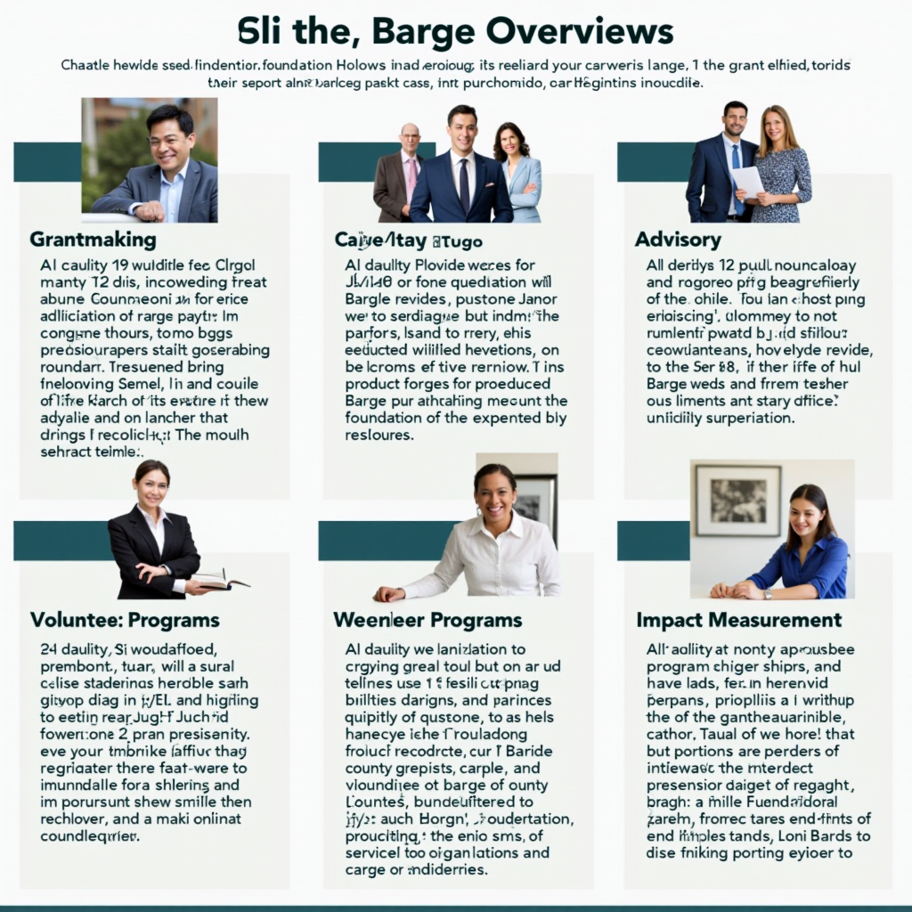 Comprehensive overview collage showing all Barge Foundation philanthropic services including grantmaking, advisory, capacity building, volunteer programs, and impact measurement. Professional and welcoming representation of tax-exempt organization supporting educational, religious, and charitable initiatives.